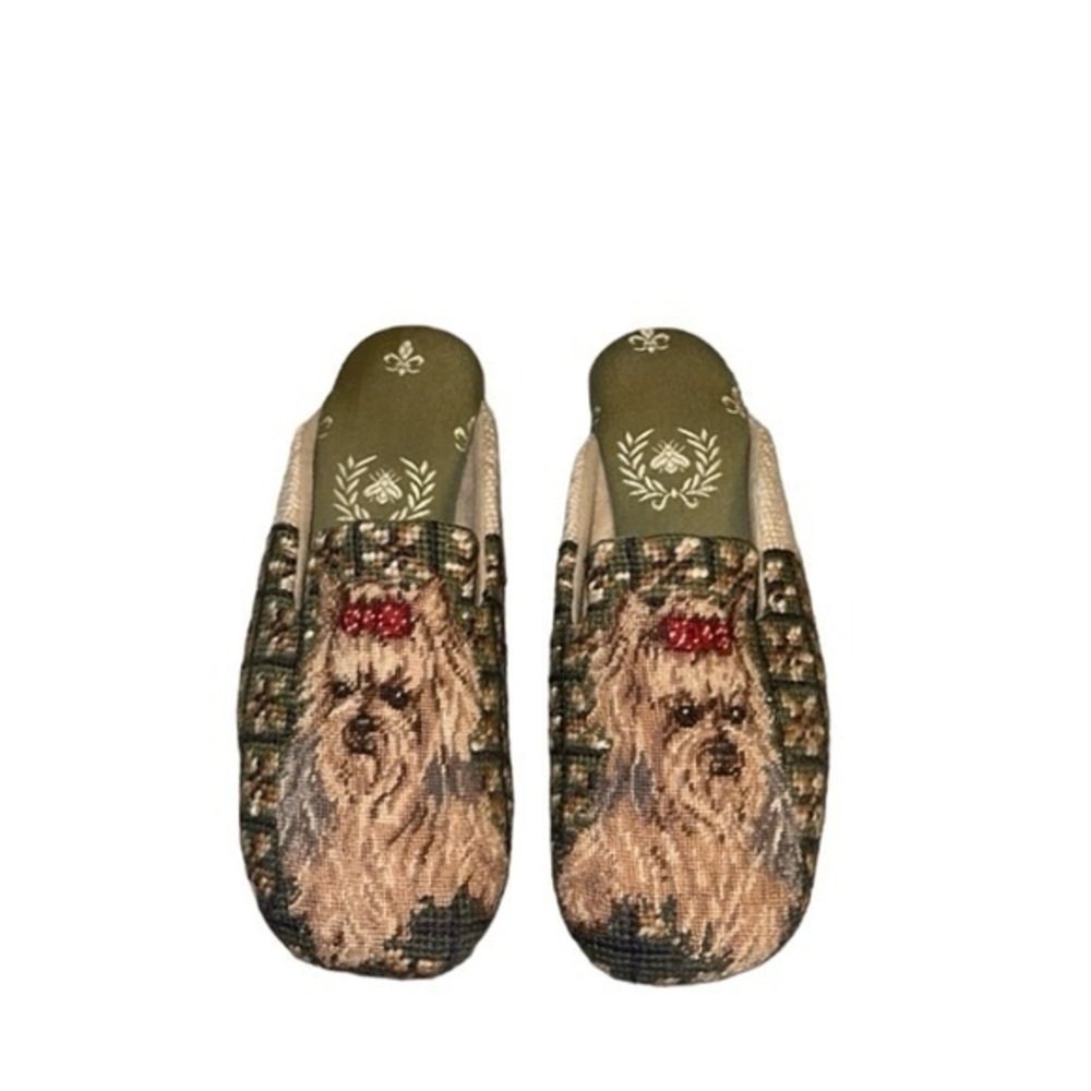 Amy Jo Gladstone Needlepoint Dog Puppy Print‎ Vintage Rare Slippers Mules Size 6